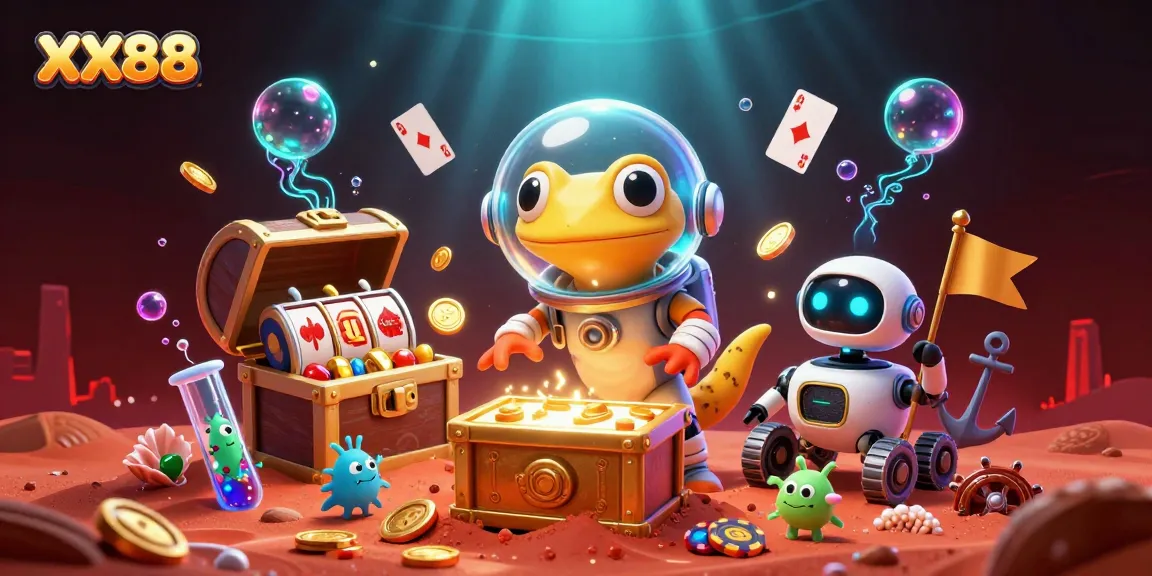 Engage in exciting games at XX88 with a thrilling Martian gambler exploring a golden casino.