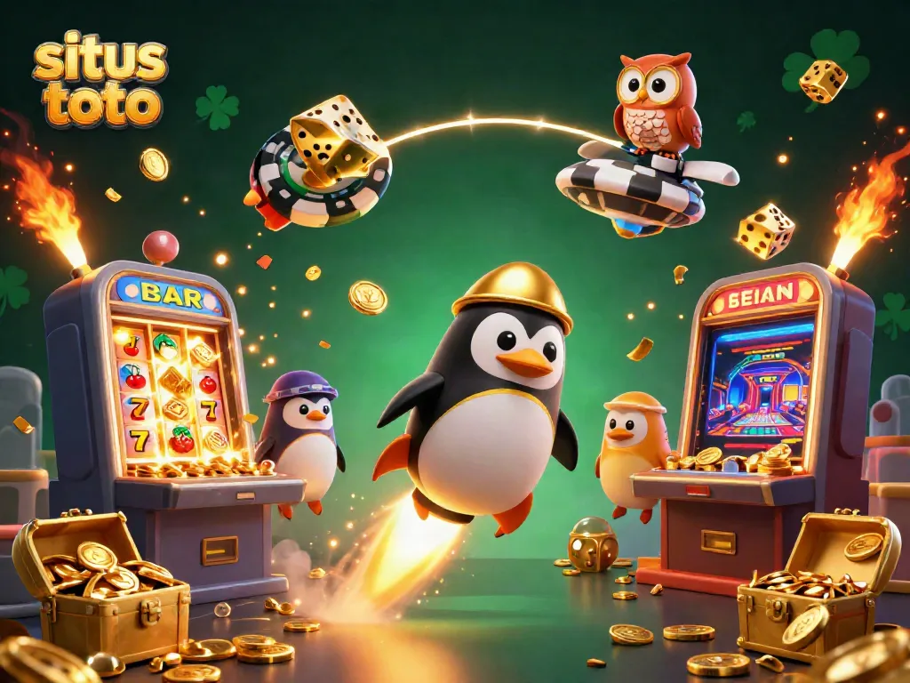 Experience excitement at situs toto with a 3D golden penguin and vibrant casino elements.