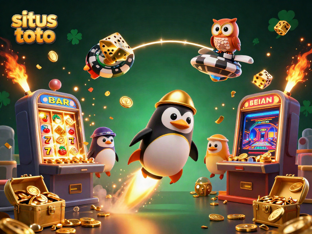 Experience excitement at situs toto with a 3D golden penguin and vibrant casino elements.
