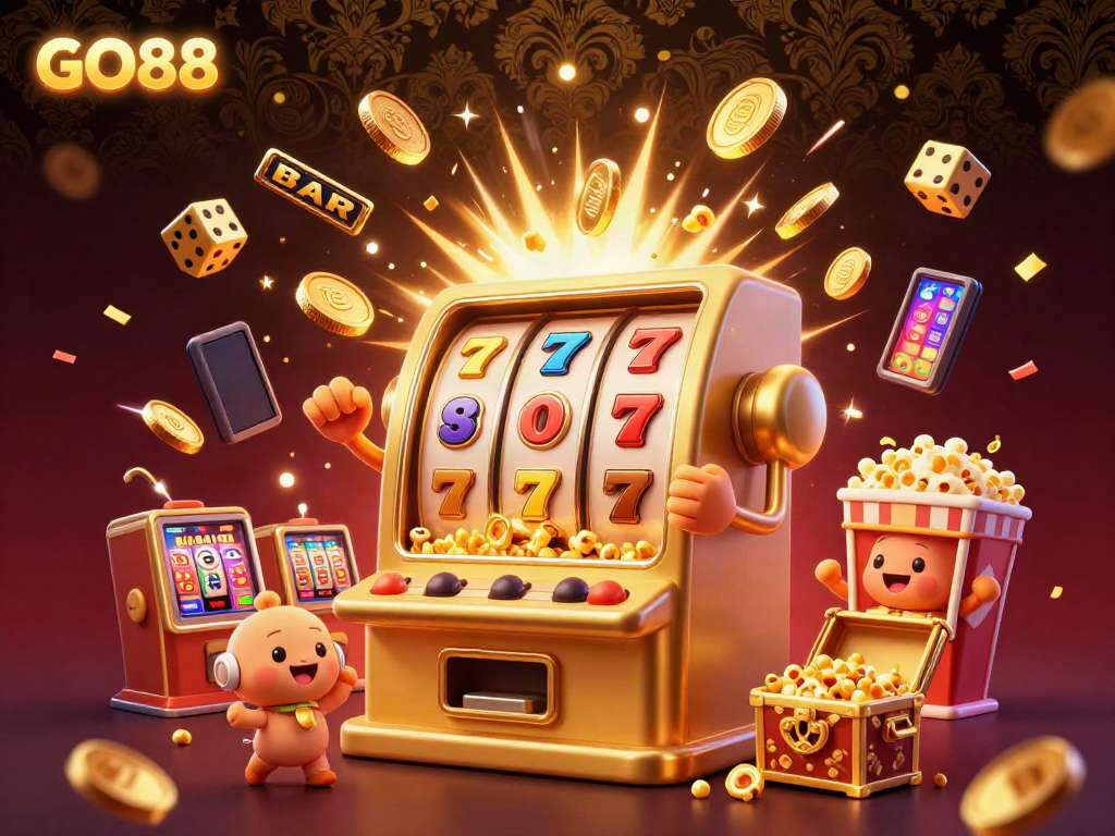 Experience the thrilling world of GO88 with an animated slot machine hitting a jackpot amidst a flurry of coins and casino elements.
