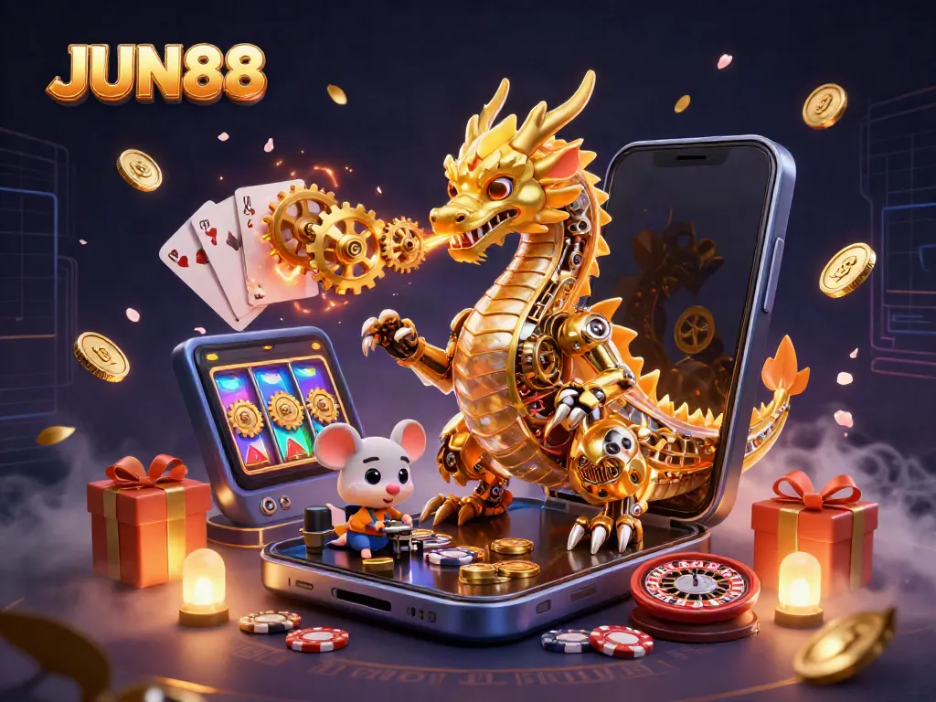 Experience thrilling gameplay at JUN88 with a golden dragon and interactive casino elements in a vibrant scene.