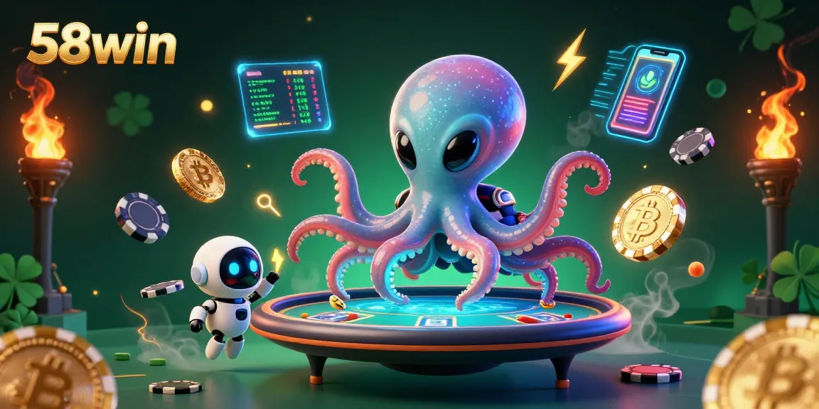 Experience thrilling poker action at 58win with an alien octopus and robot amid glowing crypto elements.
