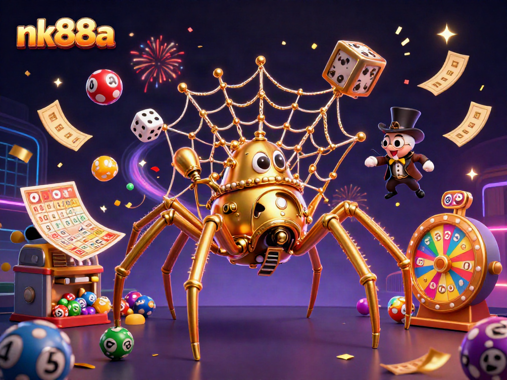 Engage with nk88a's vibrant lottery scene featuring a golden spider, colorful balls, and confetti.