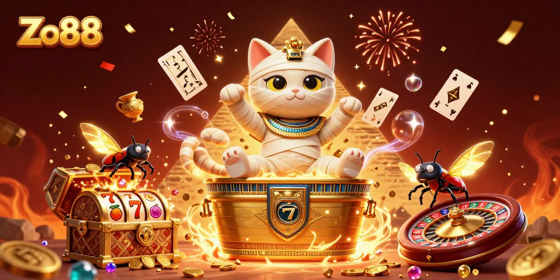 Engage with Zo88's thrilling pyramid casino scene featuring a mummy cat and treasures.