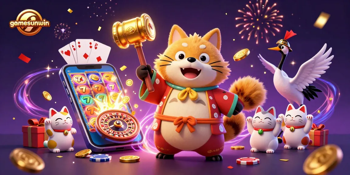 Spin and win with gamesunwin in a vibrant 3D casino scene featuring lucky tanuki and colorful elements.
