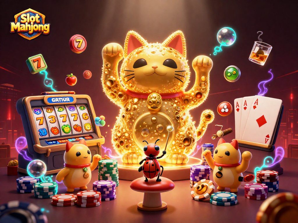 Enjoy thrilling action with slot mahjong as golden fireflies create a lucky cat amid vibrant casino elements.