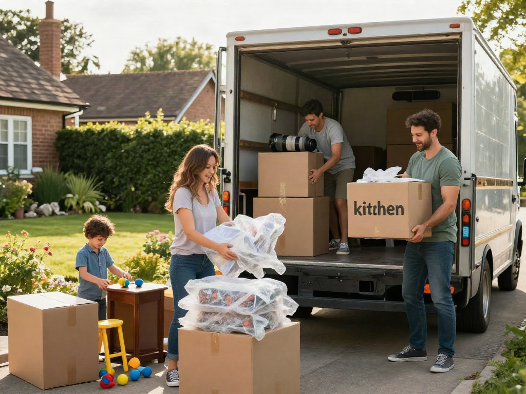 House movers Loton family packing belongings in cheerful moving scene.