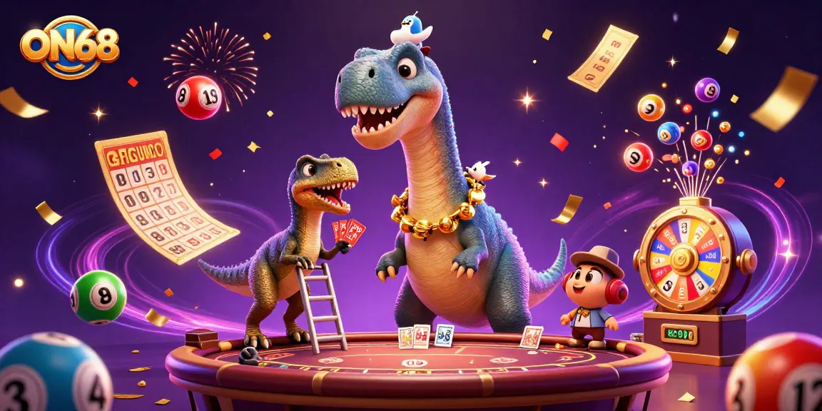 Engage with ON68's vibrant casino world as a brontosaurus looks over a poker table, creating excitement.