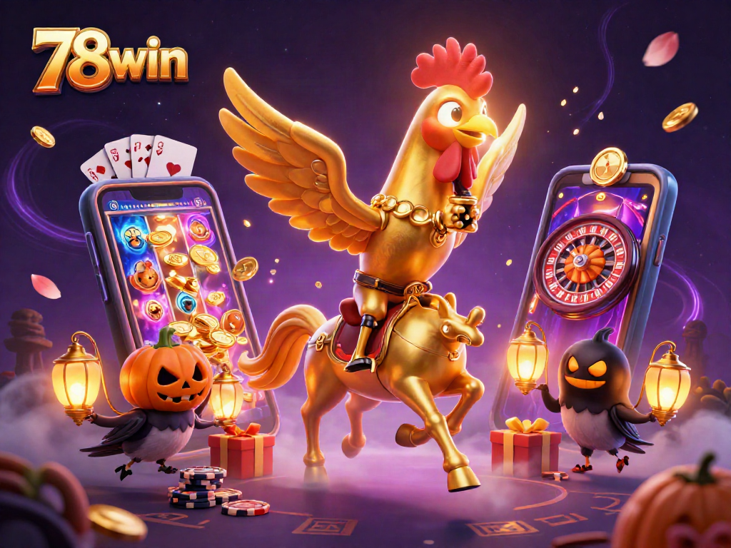 Experience the thrill of 78win with a golden rooster in a magical casino scene, surrounded by vibrant game elements.