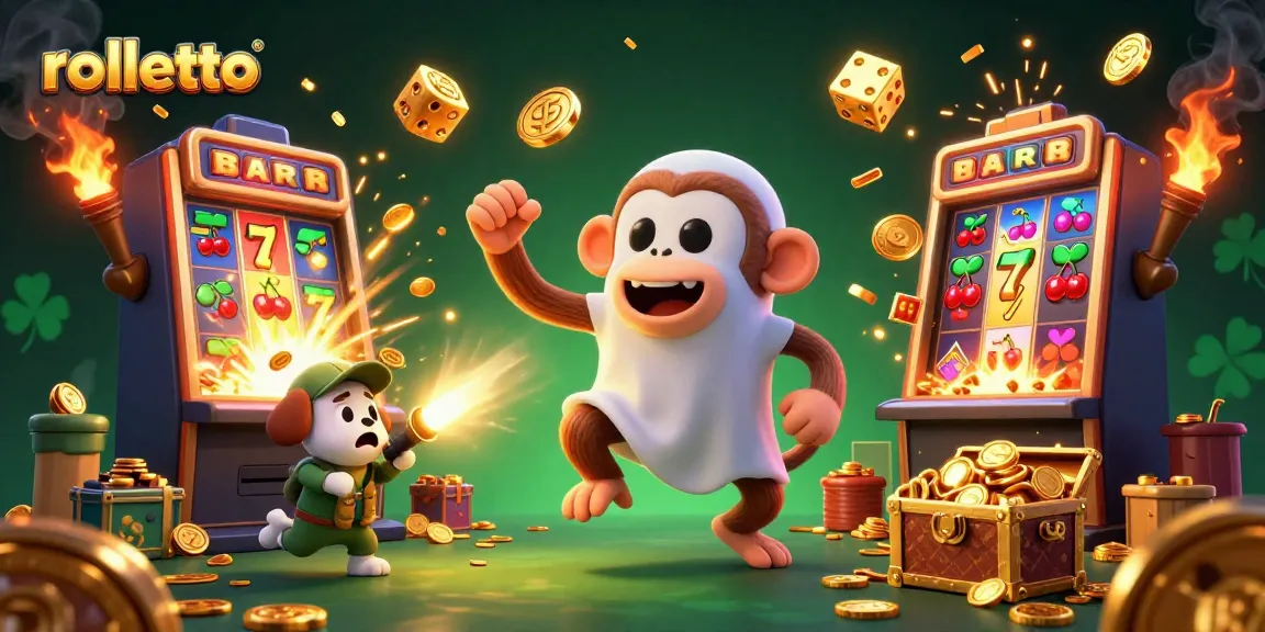 Engage with rolletto at this lively casino scene featuring a playful monkey and a curious puppy!