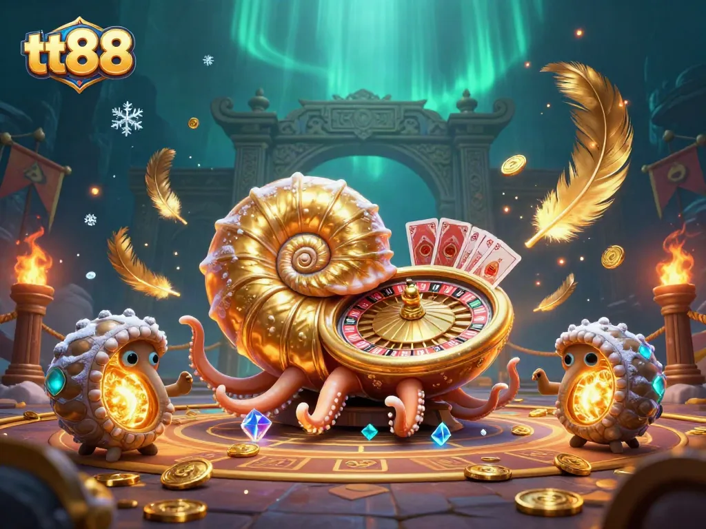 Engage with tt88's vibrant casino scene featuring a luminous nautilus wheel and glowing cards.