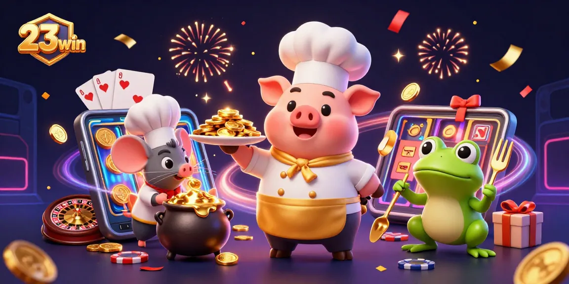 Join the fun at 23win as a chef pig serves gold coins with vibrant slot games!