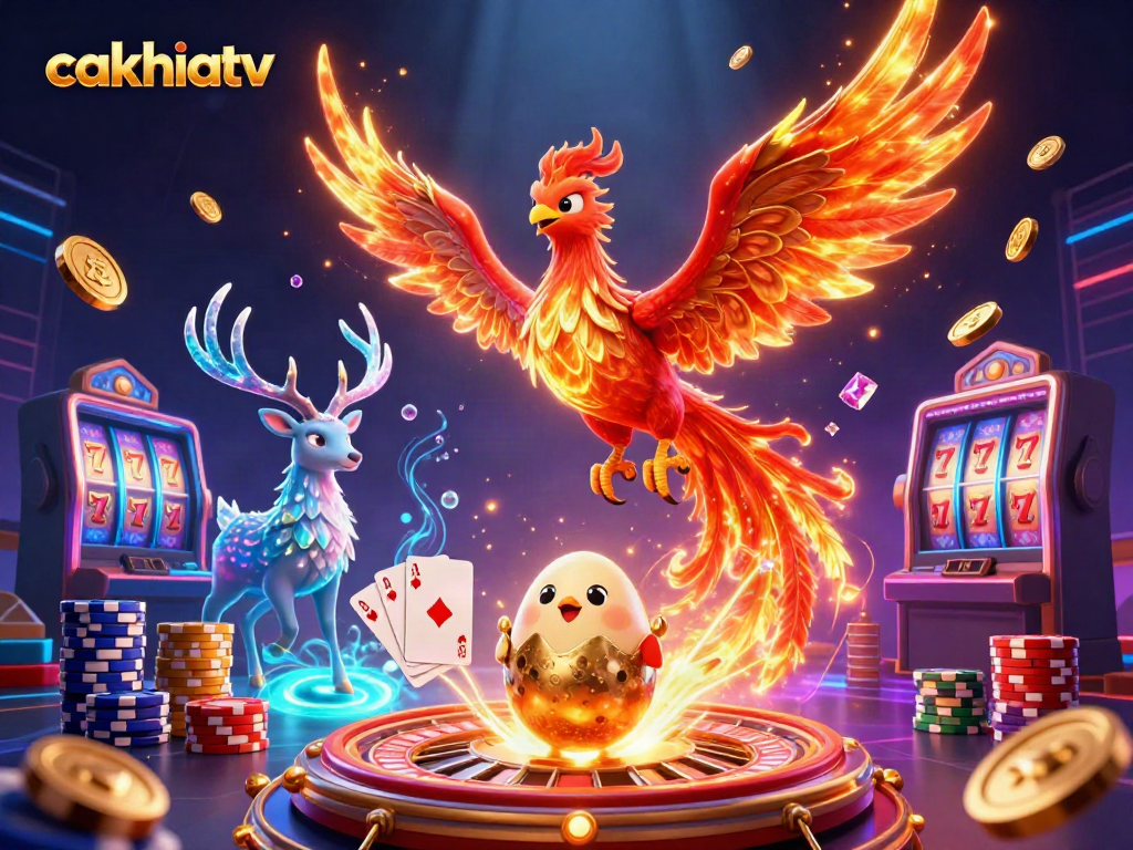 Cakhiatv showcases an energetic scene with phoenix characters and casino elements, enhancing user engagement.