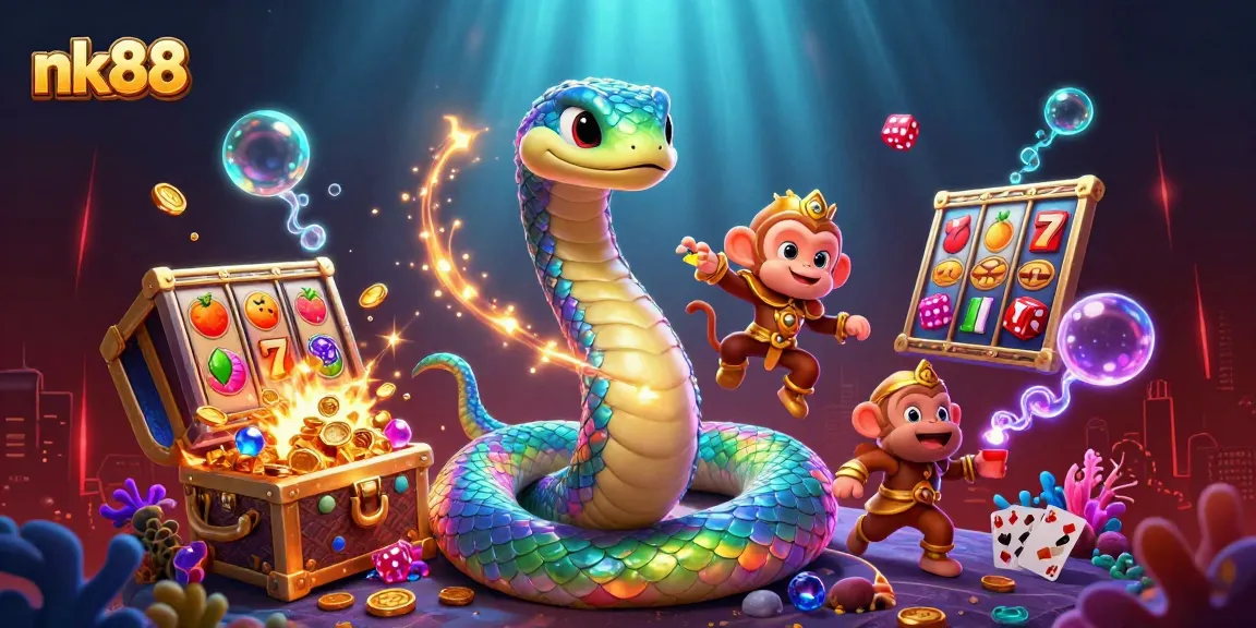 Win big with nk88's colorful slots and engaging casino atmosphere in this vibrant illustration.