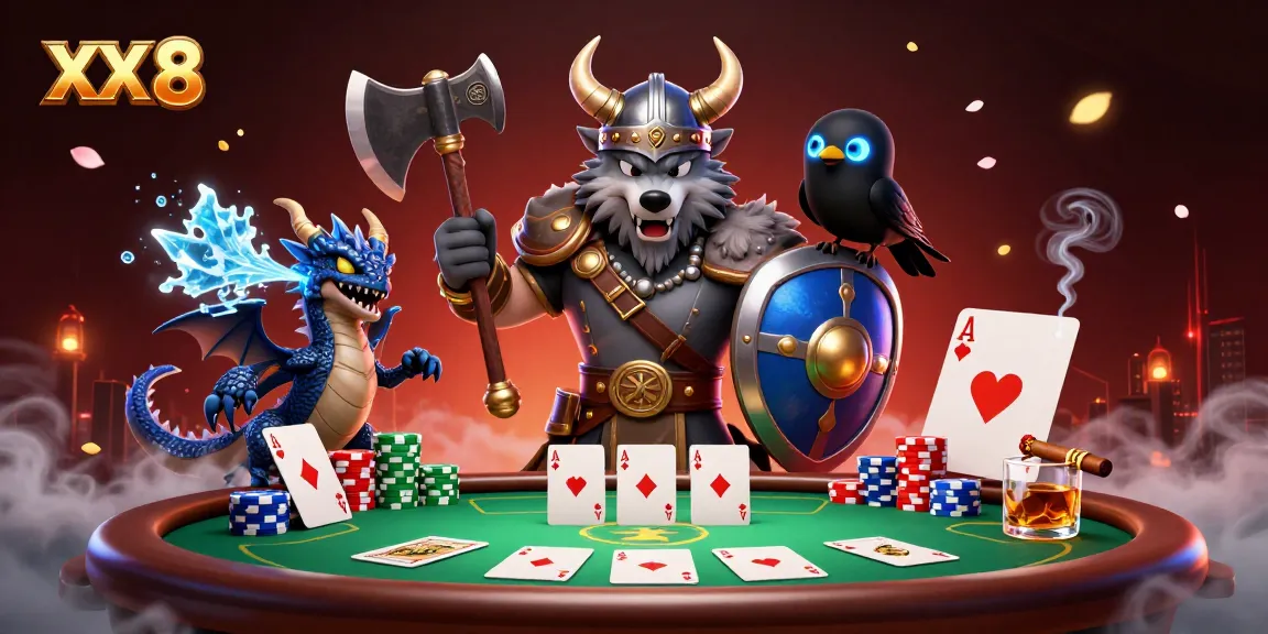 Engage with the thrilling atmosphere of XX 8 gaming, featuring a Viking wolf warrior and dragon at a poker table.