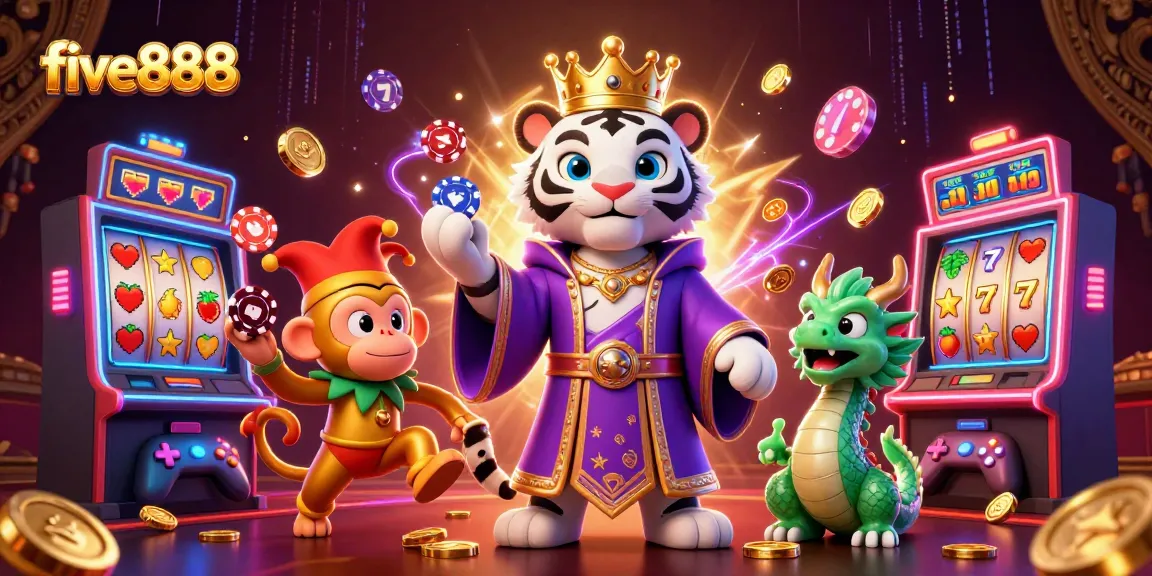 Engage with five888's vibrant casino scene featuring a playful monkey, lucky tiger, and dynamic slot machines.