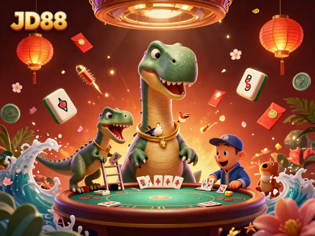 Experience high-stakes excitement with JD88 in a vibrant cartoon casino scene full of lively characters and game elements.
