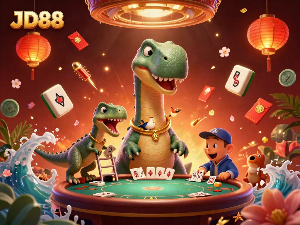 Experience high-stakes excitement with JD88 in a vibrant cartoon casino scene full of lively characters and game elements.