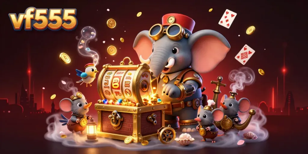Spin and win at vf555 with a steampunk-themed slot machine, surrounded by treasure and gaming elements.