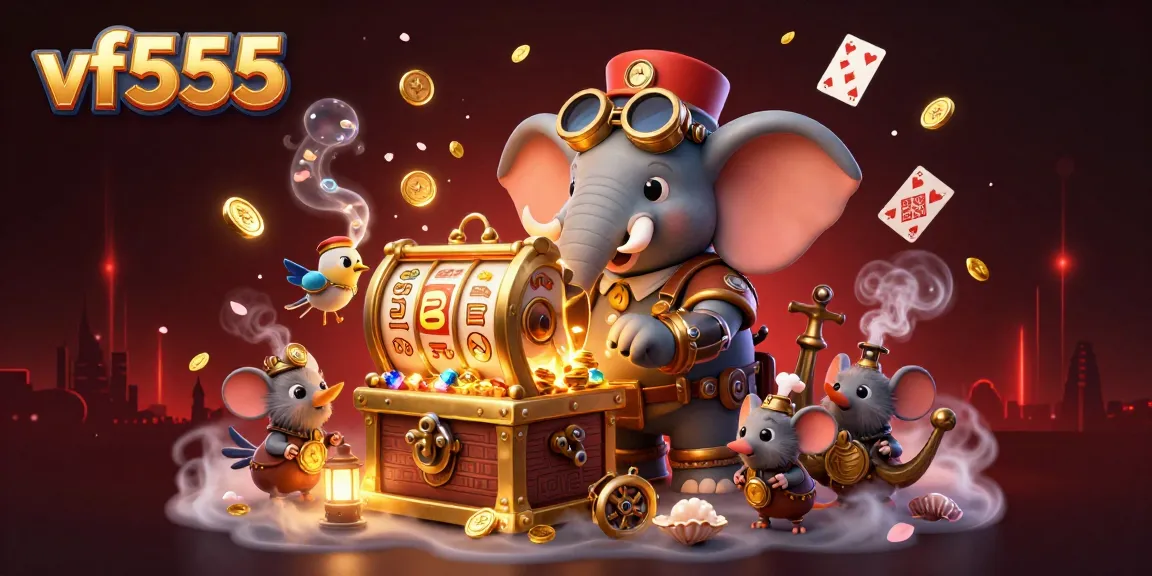 Spin and win at vf555 with a steampunk-themed slot machine, surrounded by treasure and gaming elements.