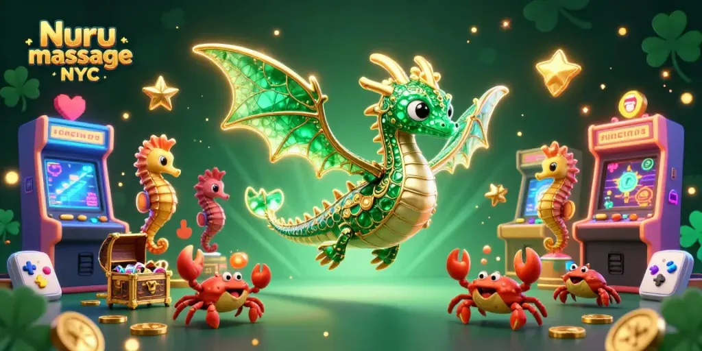 Nuru massage NYC enhances relaxation with a vibrant sea dragon and casino-themed scene.