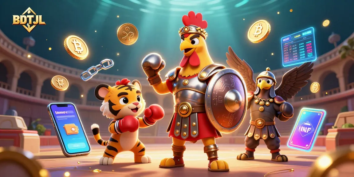 Experience the thrill of BDTJL with a dynamic 3D casino scene featuring gladiator rooster, crypto elements, and vibrant colors.