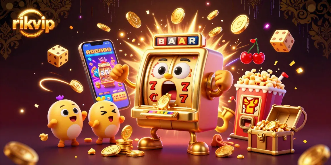 Experience thrilling winnings at rikvip's golden slot machine with coins exploding in an electrifying casino scene.
