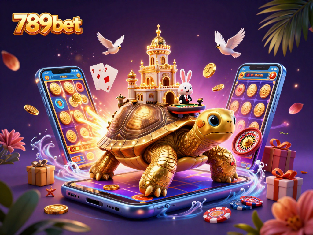 Experience the thrill of gaming with 789bet, featuring a 3D tortoise casino and vibrant slot reels.