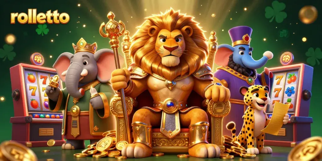 Experience the excitement of rolletto with captivating slot action featuring a lively lion king and his allies.