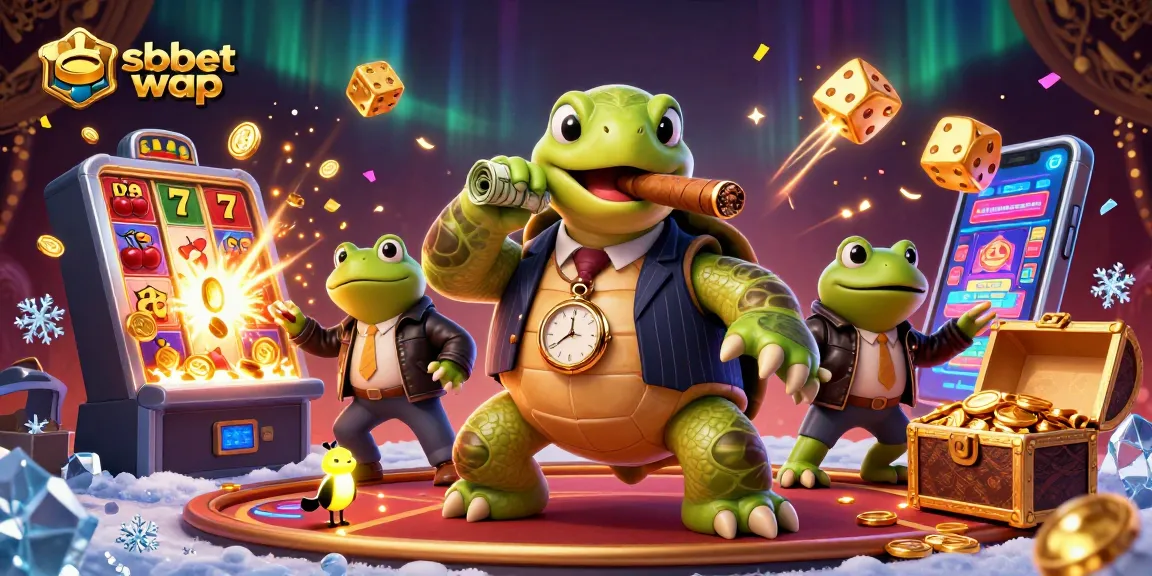 Engage with sbobet wap in a vibrant casino scene featuring a pinstripe turtle and explosive jackpot.