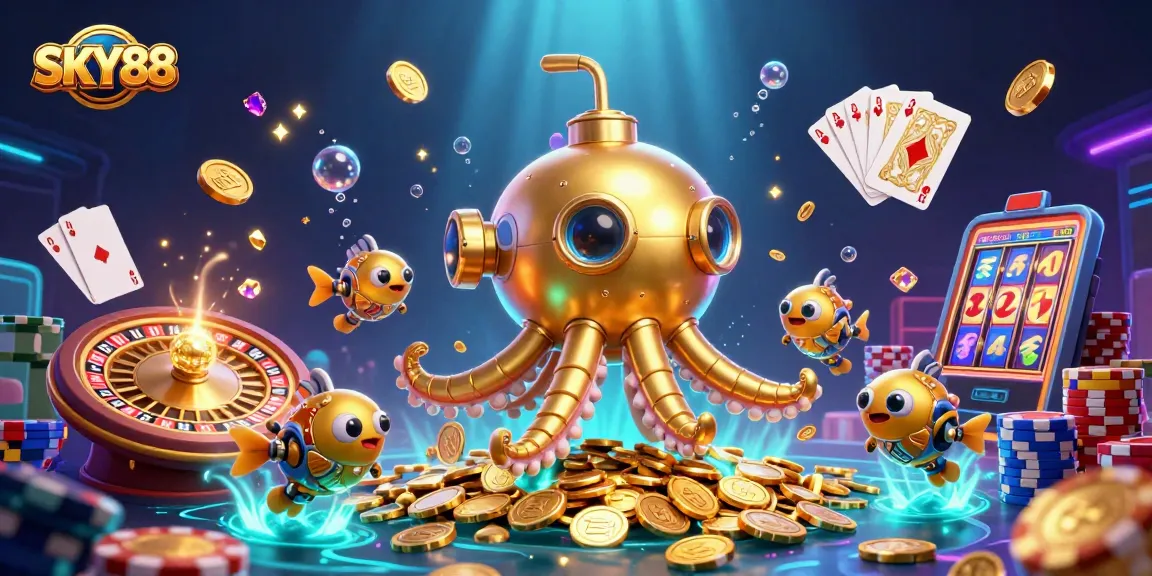 Engage with SKY88's thrilling adventures as a golden kraken submarine emerges amidst gleaming treasures and exhilarating casino games.