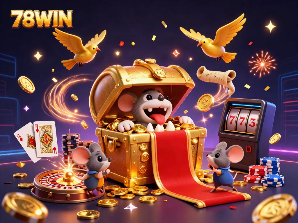 Experience the thrill at 78WIN with a captivating illustration of treasure, vibrant games, and gold coins cascading.