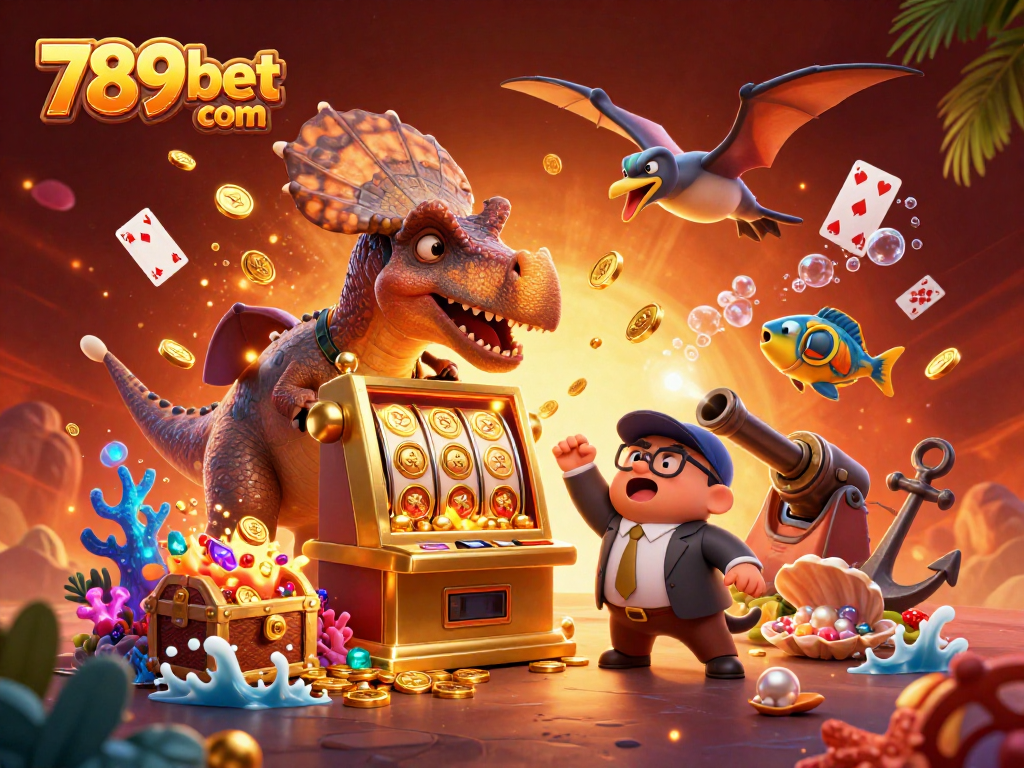 Experience thrill at 789bet com with a pachycephalosaurus, slot machine, and coins flying in a casino adventure.