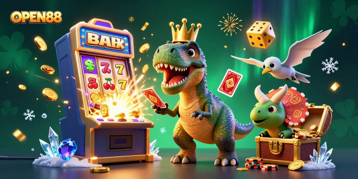 OPEN88's lively casino scene showcases a T-Rex shuffling cards, engaging players in a thrilling gaming experience.