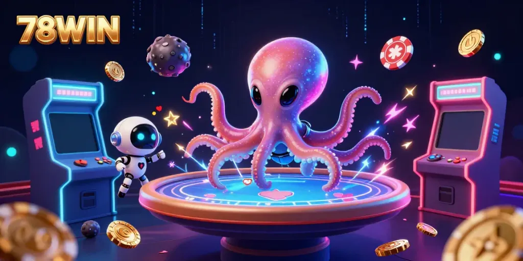 Experience the dynamic gambling scene of 78WIN, featuring a cartoon octopus and robot at a poker table.