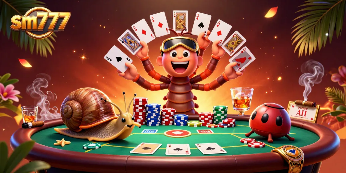 Experience the thrill of sm777 with lively casino characters at a colorful poker table.