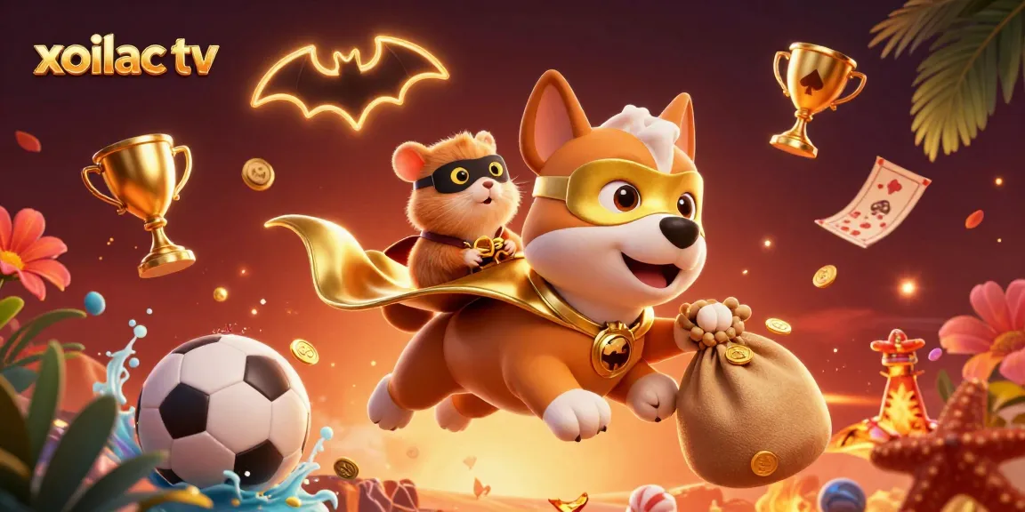 Xoilac TV showcases a thrilling sports betting scene with a superhero dog and hamster duo surrounded by dynamic casino elements.