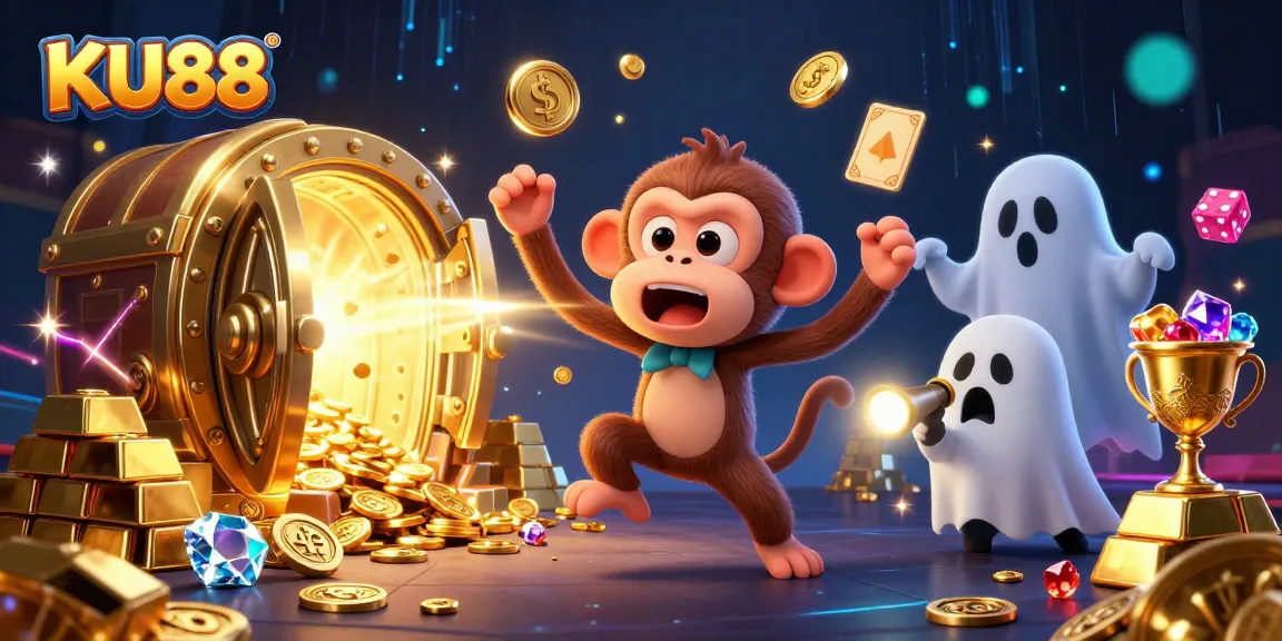 Engage in thrilling gameplay with KU88 in a vibrant, immersive casino scene featuring an enchanting monkey.