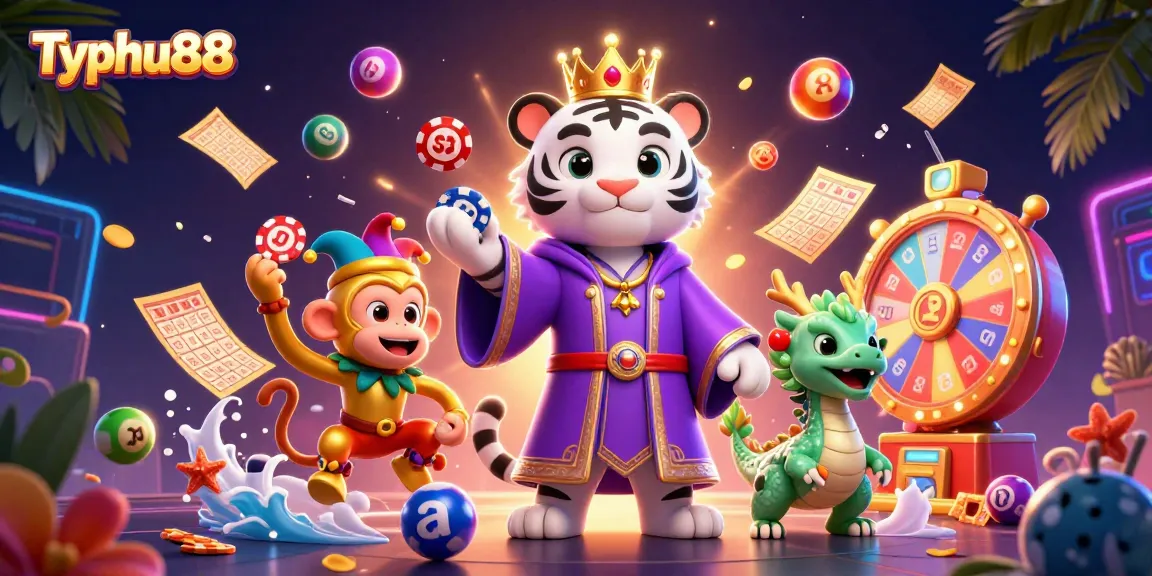 Engage with Typhu88's vibrant casino atmosphere featuring a tiger, monkey, and dragon elements.