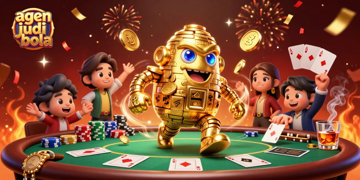 Experience the thrill of agen judi bola with a golden golem and poker elements showcasing betting excitement.