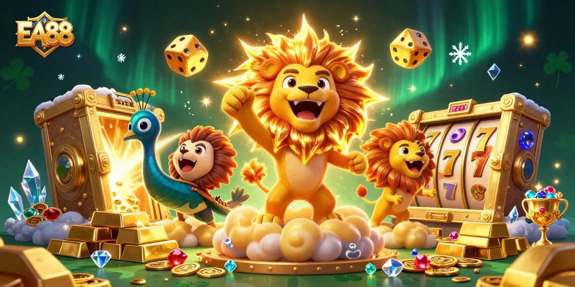 Experience thrilling EA88 gaming with a roaring lion, vibrant treasures, and dynamic slot reels.