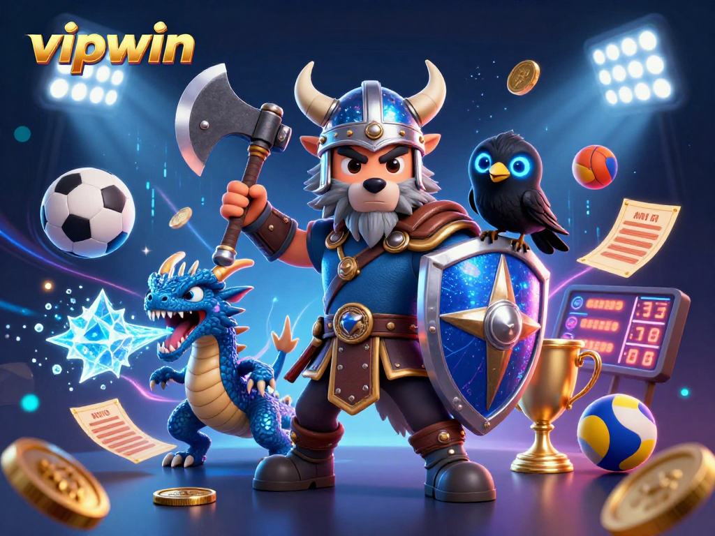 Join the exciting action of vipwin with a fierce Viking warrior and dragon amid dynamic sports betting elements.