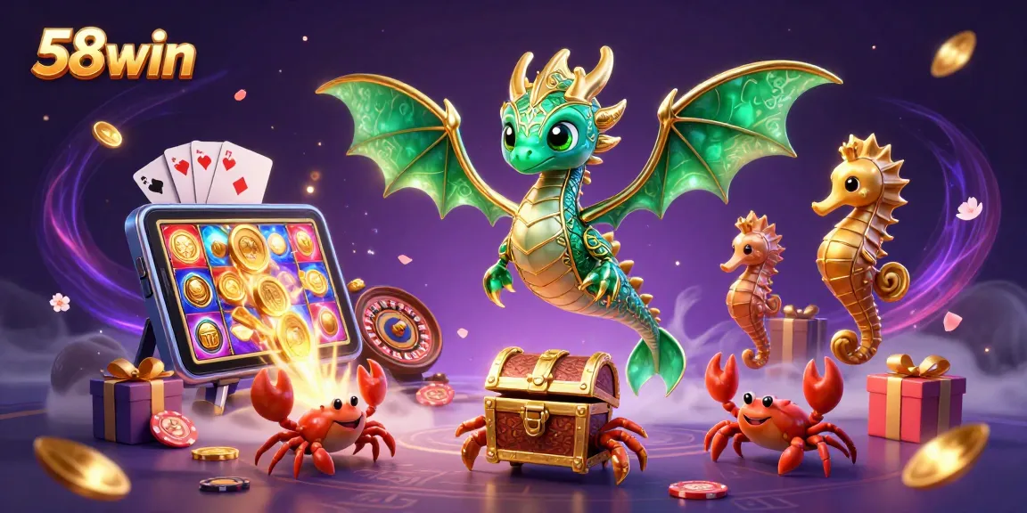 Engage with 58win's vibrant casino world featuring a sea dragon and dynamic gaming elements.