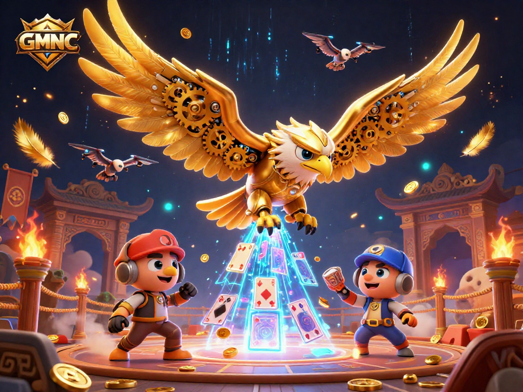 Experience GMNC with a dynamic 3D illustration featuring a golden eagle amidst holographic cards and casino elements.