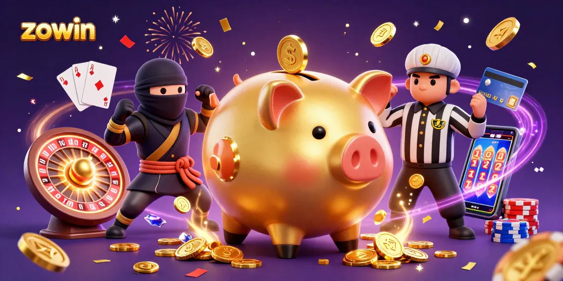 Zowin gamblers celebrate wins with a golden piggy bank sumo wrestler and game elements in vibrant 3D.
