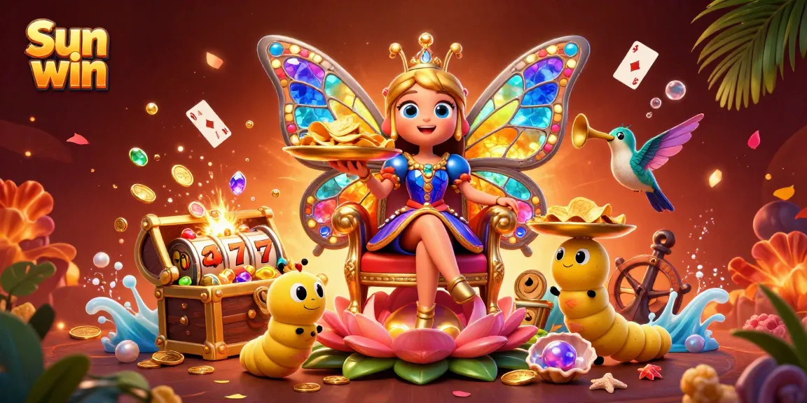 Experience the thrill of Sun win with vibrant characters and casino elements in a dynamic illustration.