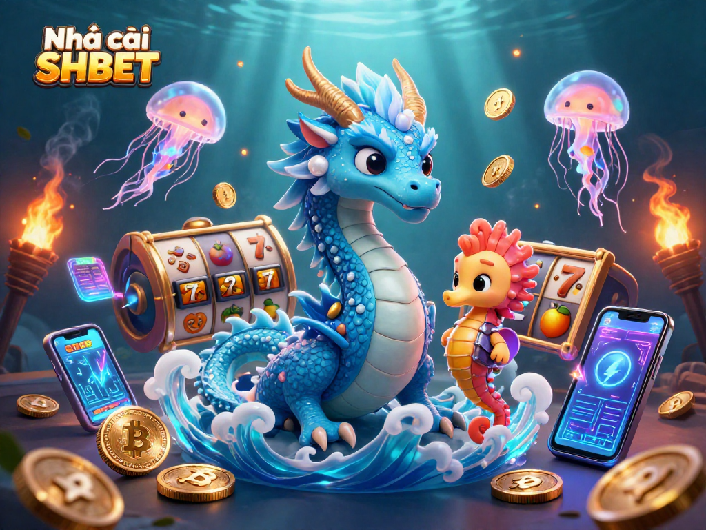 Engage in games at Nhà cái SHBET with dynamic illustrations of a dragon, knight, and jellyfish amidst casino elements.