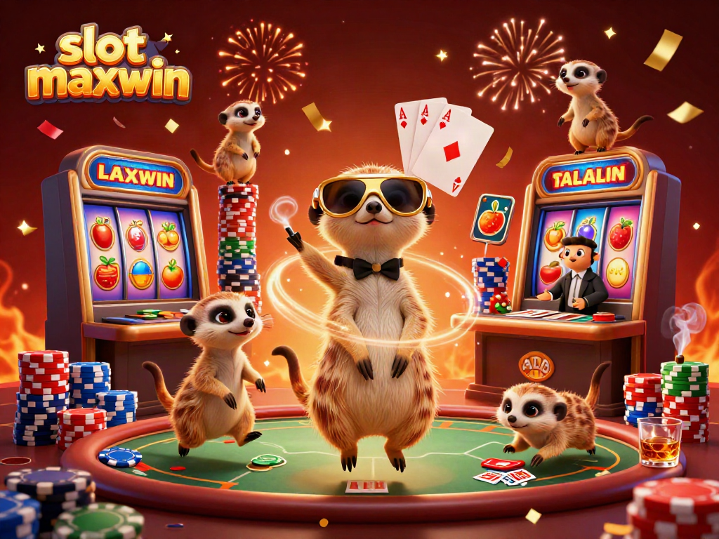 Play slot maxwin with a colony of meerkats operating a vibrant casino scene filled with colorful symbols and excitement.