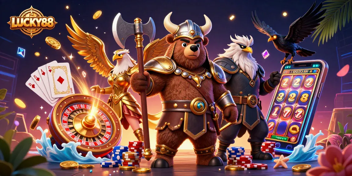LUCKY88 creates an exciting gaming atmosphere with vibrant 3D characters and casino elements.