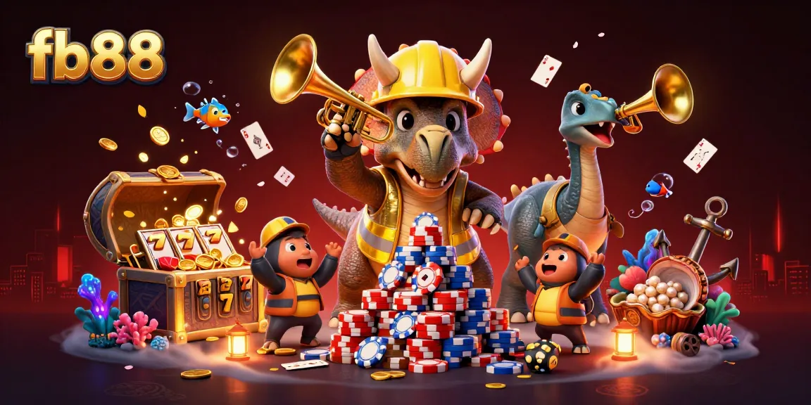 Engage in exciting gaming with fb88's vibrant scene featuring a joyful triceratops building poker chips and lively celebration.